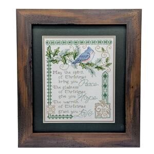 Wood Framed Under Glass Green Mat Blue Bird Christmas Prayer Cross Stitch